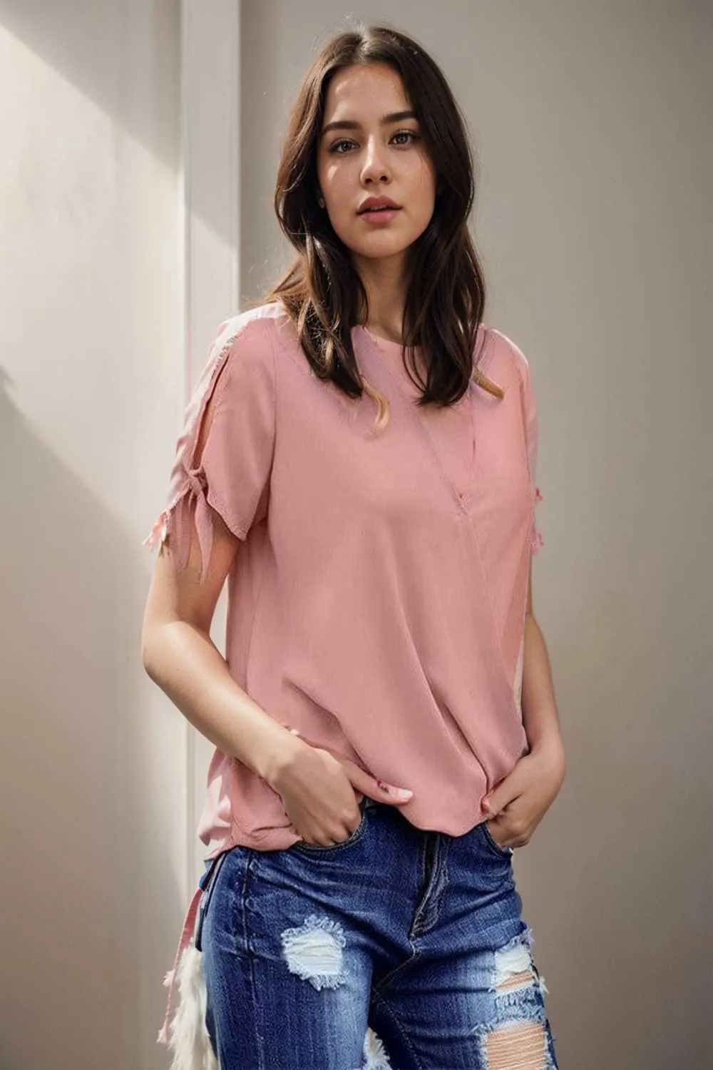 women s blouses loose solid belted long sleeve blouse