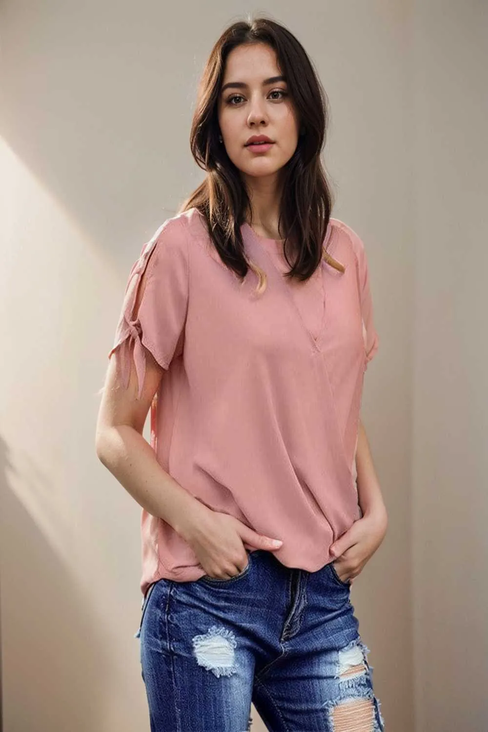 women s blouses loose solid belted long sleeve blouse