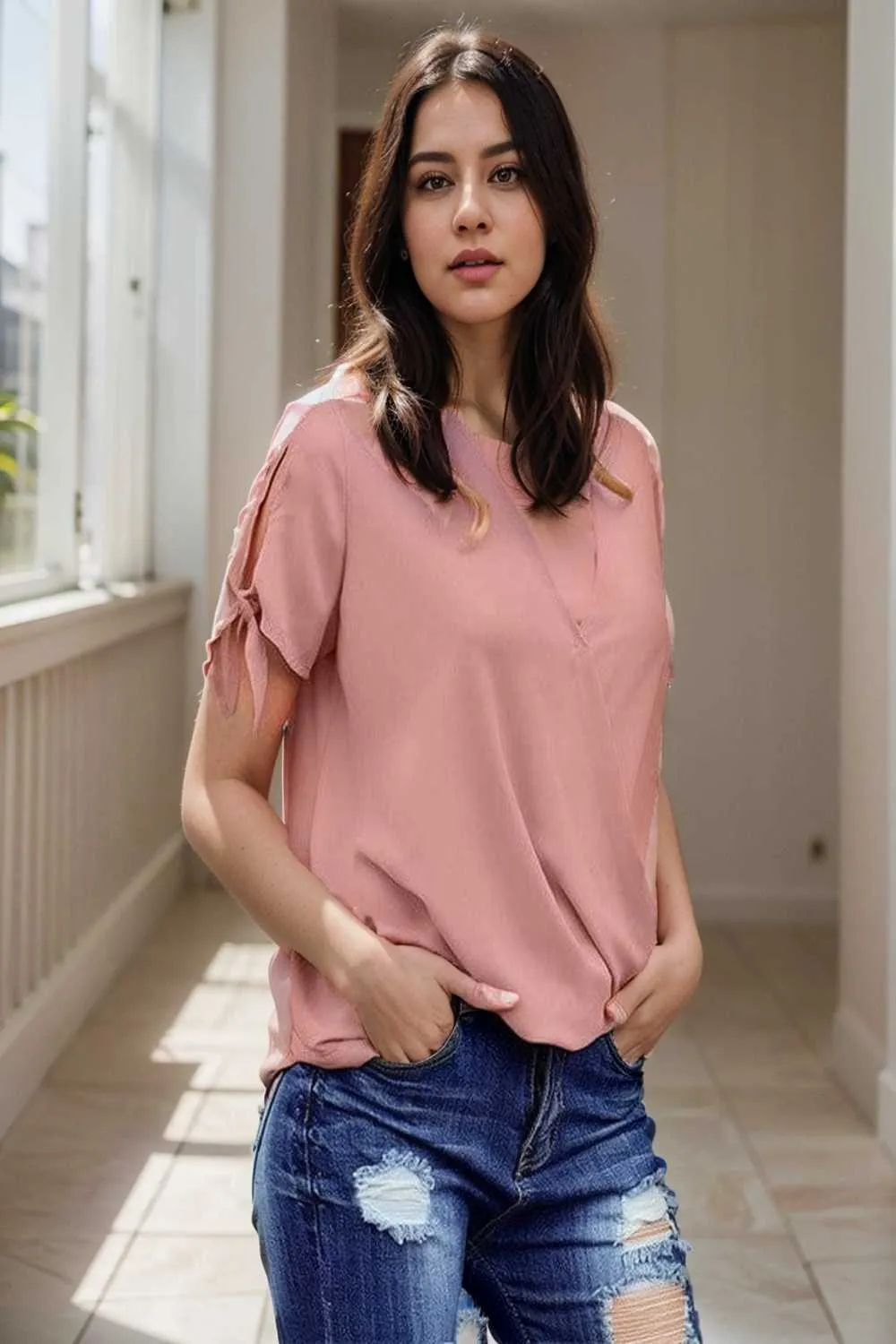 women s blouses loose solid belted long sleeve blouse
