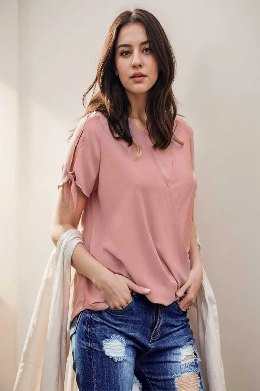 women s blouses loose solid belted long sleeve blouse