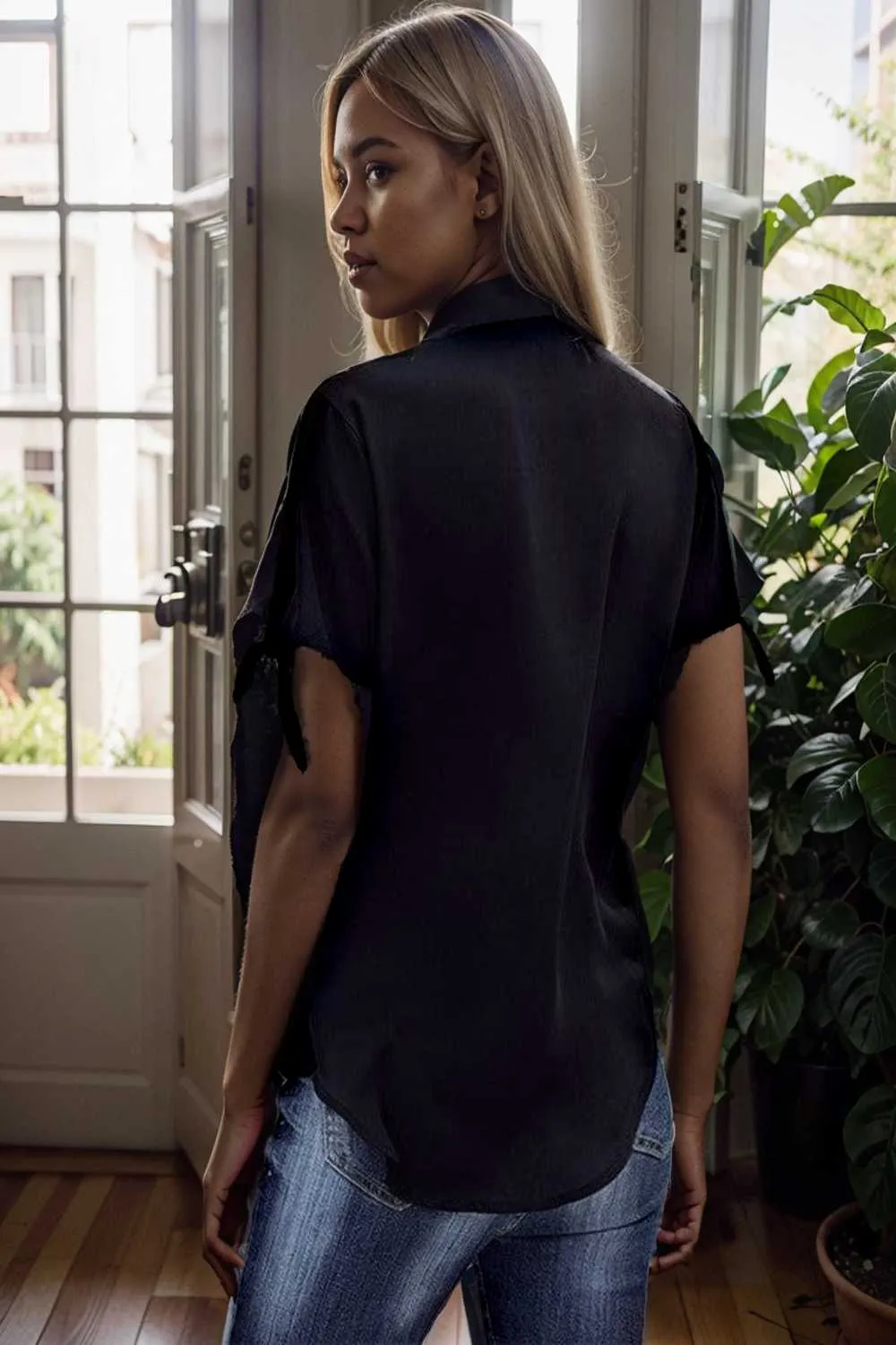 women s blouses loose solid belted long sleeve blouse
