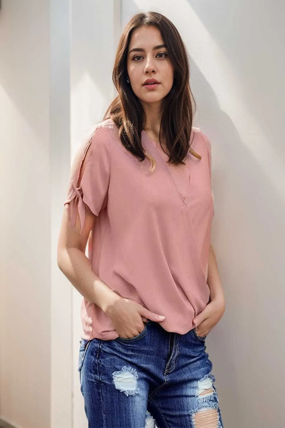 women s blouses loose solid belted long sleeve blouse