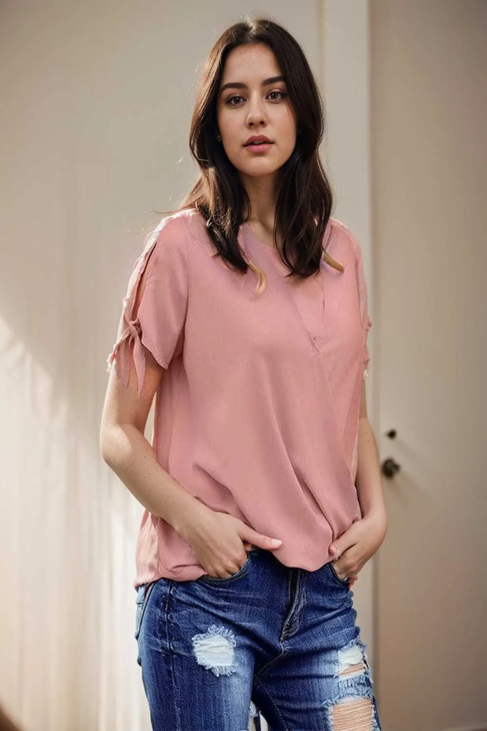 women s blouses loose solid belted long sleeve blouse