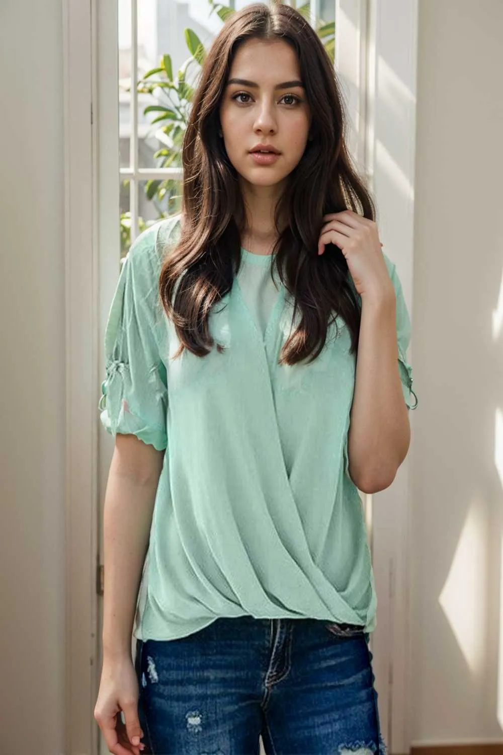 women s blouses loose solid belted long sleeve blouse