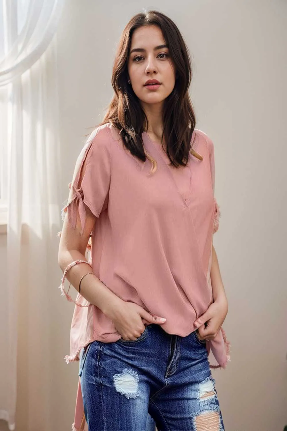 women s blouses loose solid belted long sleeve blouse
