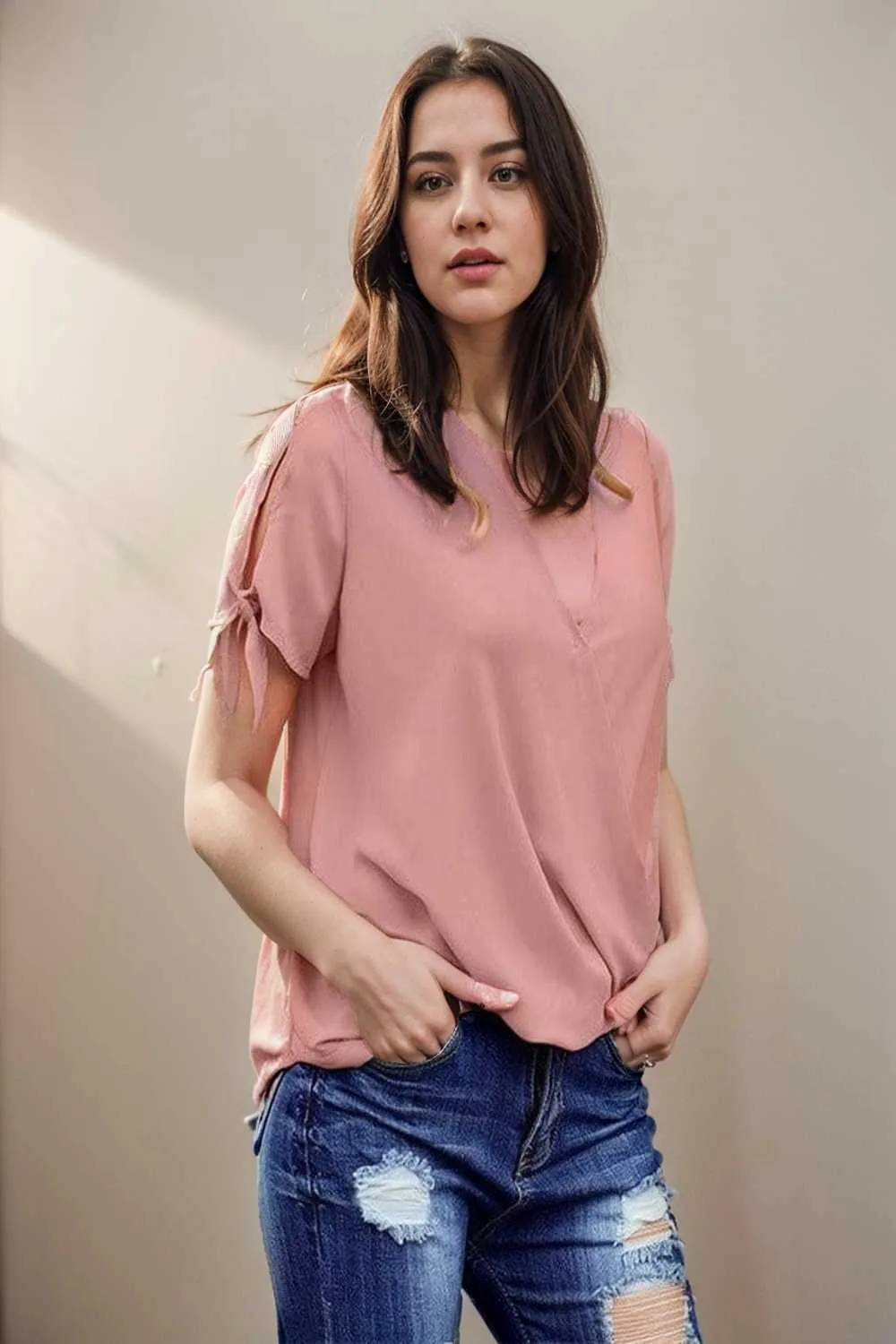 women s blouses loose solid belted long sleeve blouse