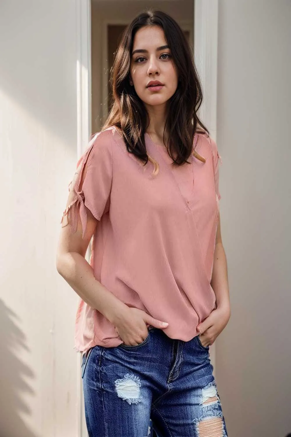 women s blouses loose solid belted long sleeve blouse