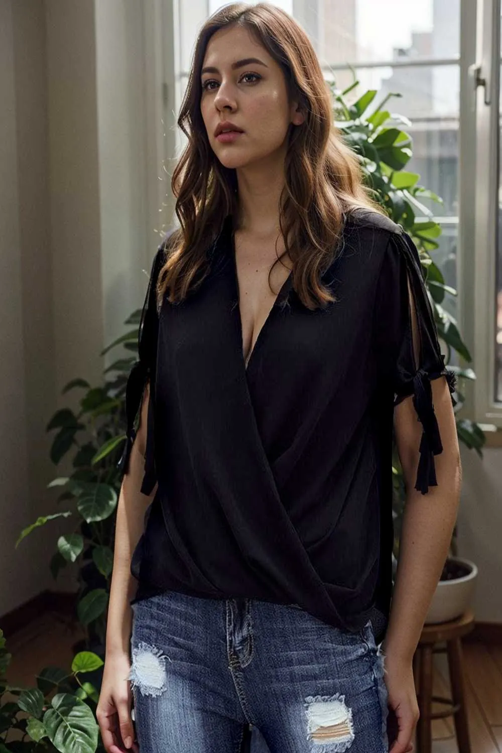 women s blouses loose solid belted long sleeve blouse