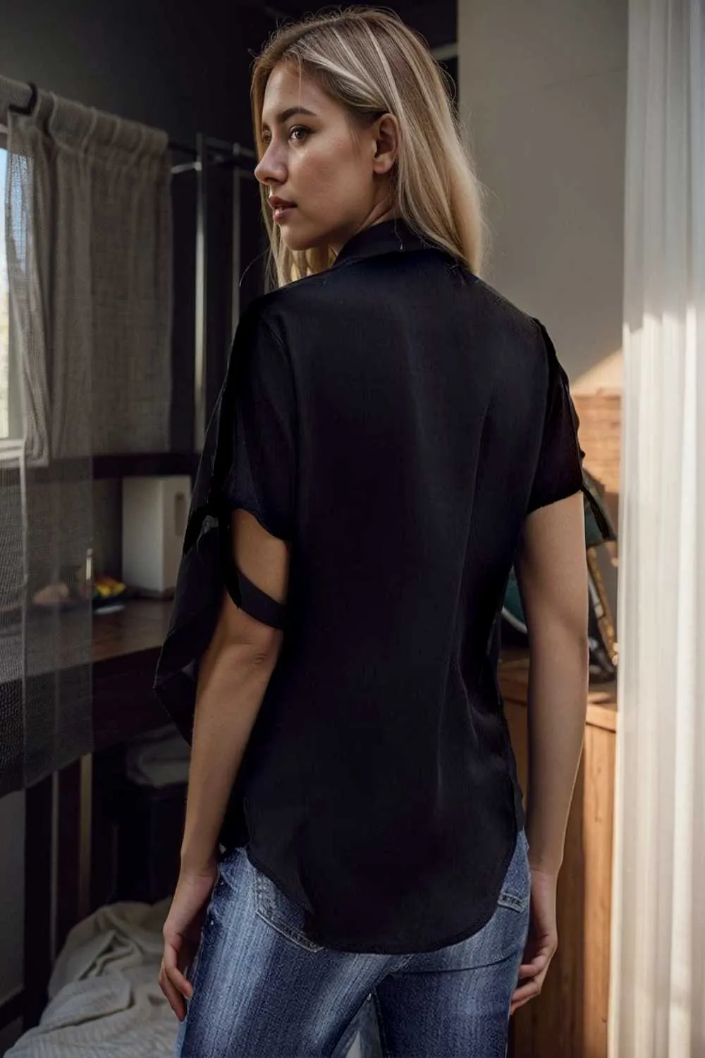 women s blouses loose solid belted long sleeve blouse