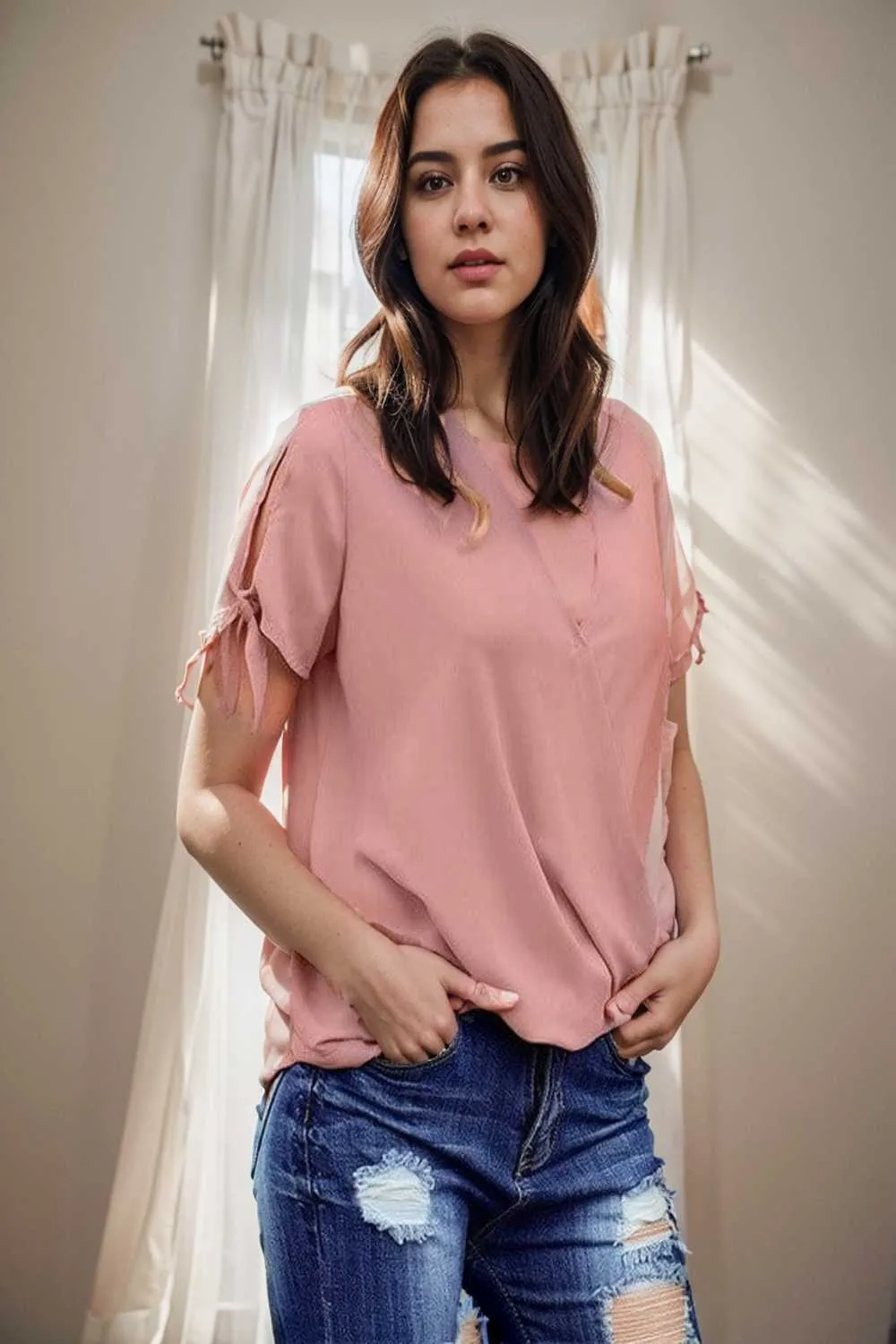 women s blouses loose solid belted long sleeve blouse