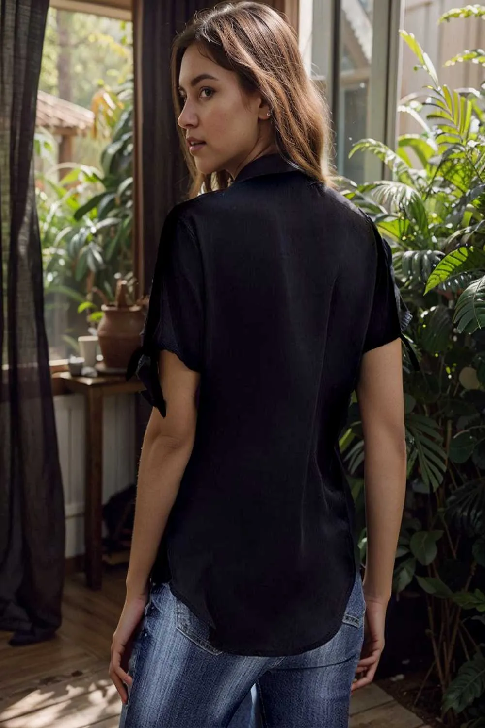 women s blouses loose solid belted long sleeve blouse