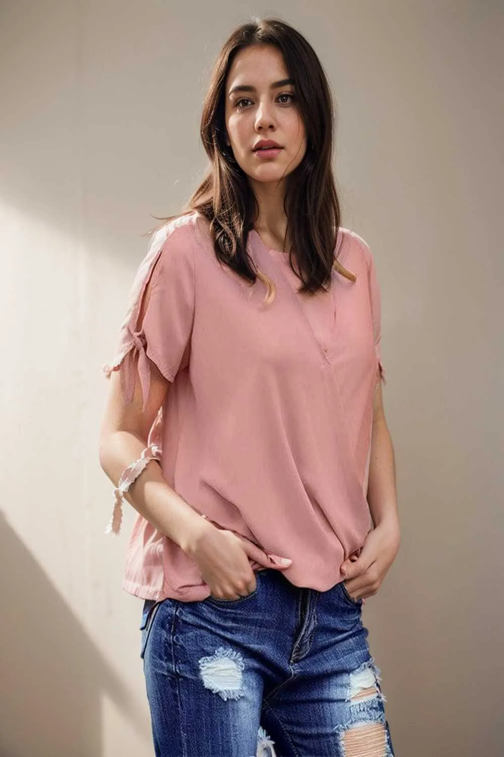 women s blouses loose solid belted long sleeve blouse
