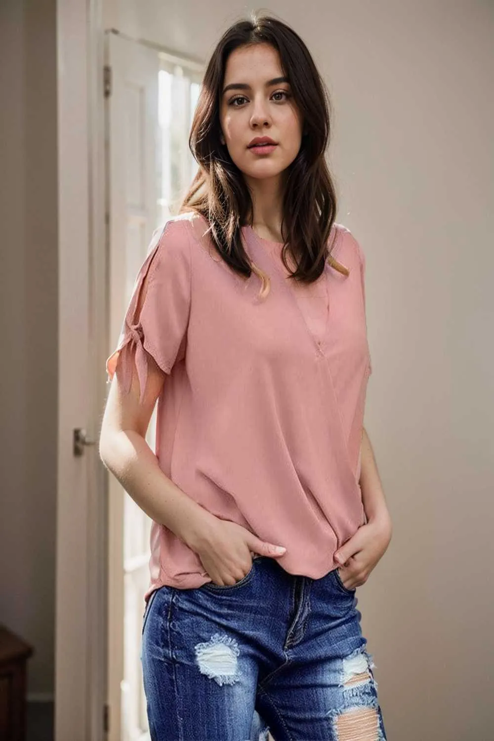 women s blouses loose solid belted long sleeve blouse