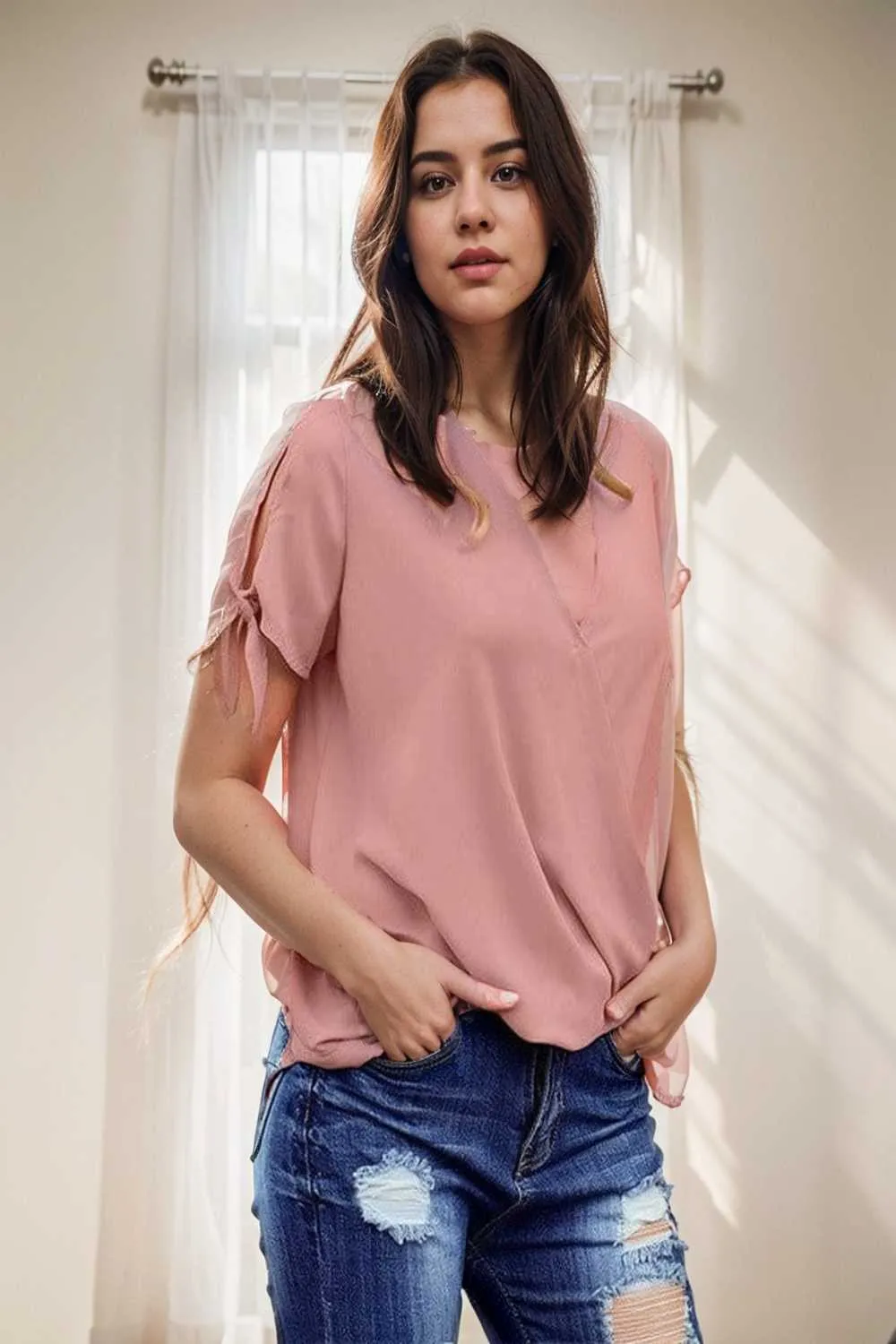 women s blouses loose solid belted long sleeve blouse