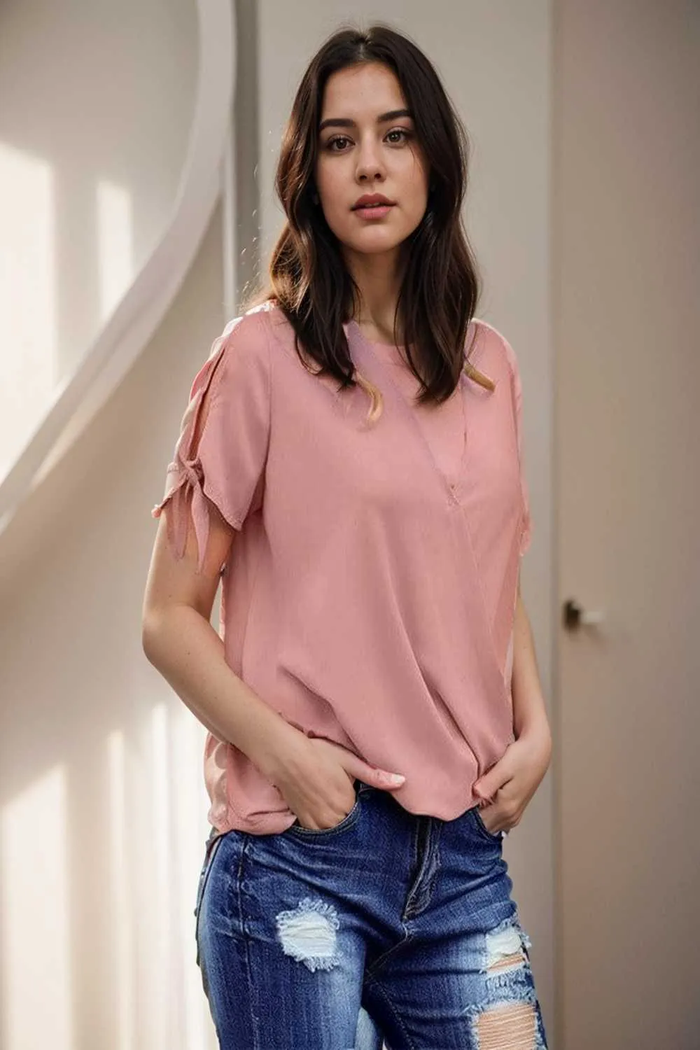 women s blouses loose solid belted long sleeve blouse