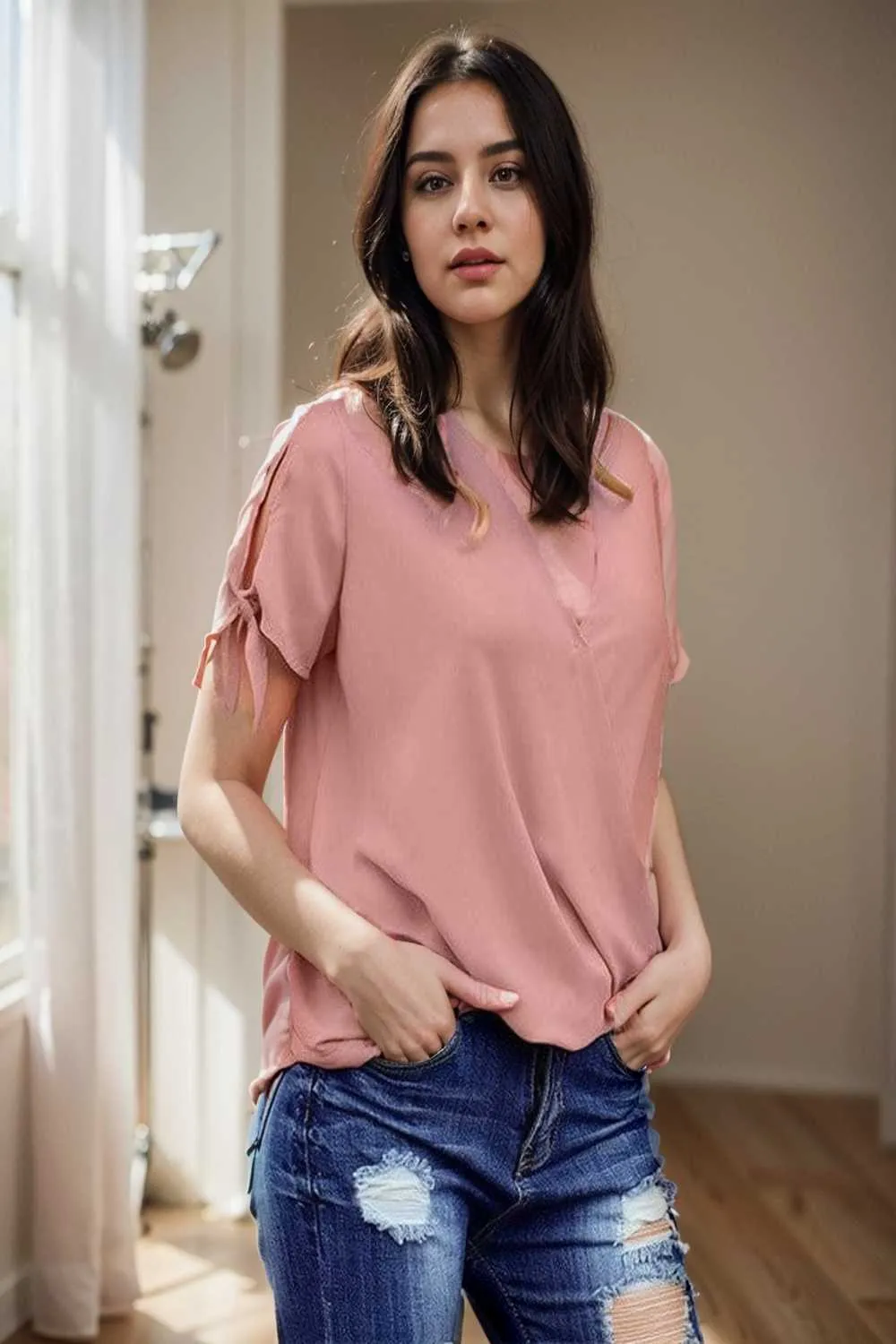 women s blouses loose solid belted long sleeve blouse