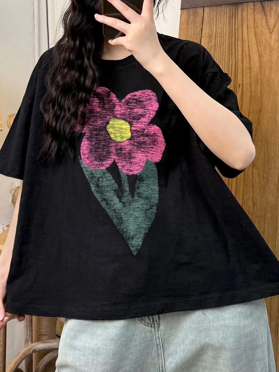 Women Spring Retro Flower O-Neck Cotton Shirt