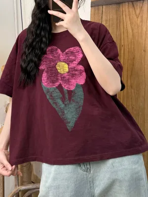 Women Spring Retro Flower O-Neck Cotton Shirt