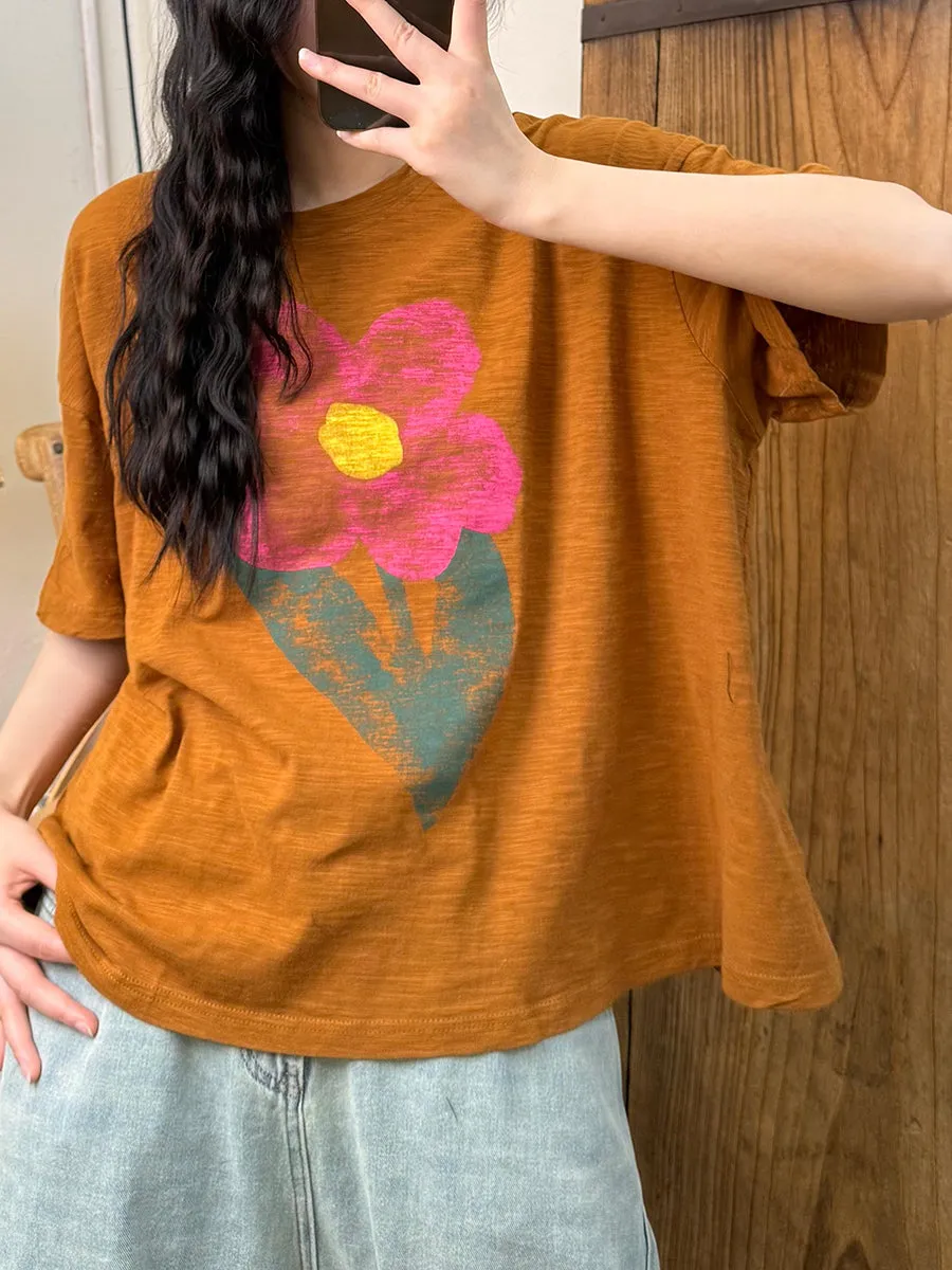 Women Spring Retro Flower O-Neck Cotton Shirt