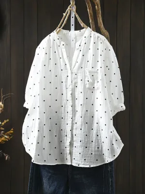 Women Summer Artsy Dot V-Neck 100%Cotton Shirt