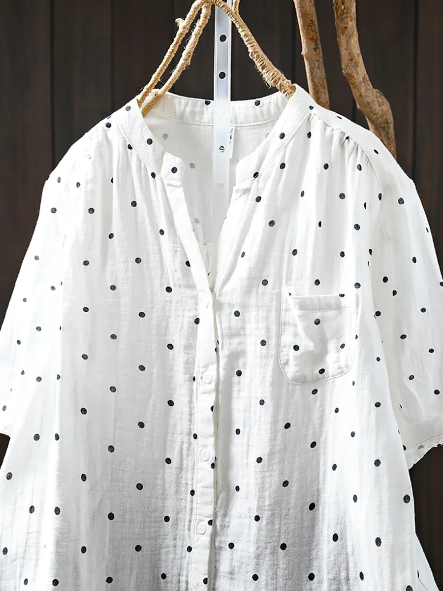 Women Summer Artsy Dot V-Neck 100%Cotton Shirt