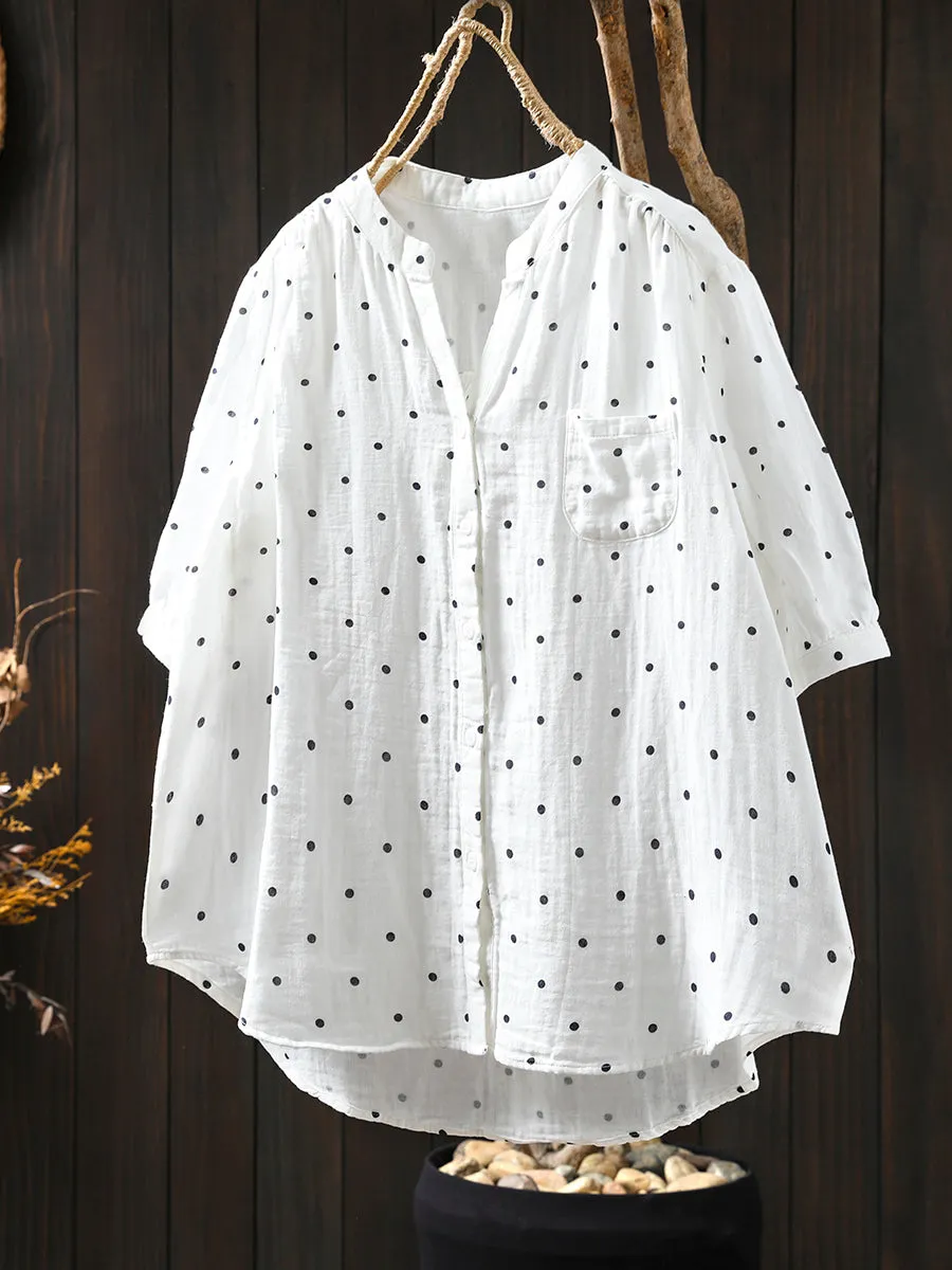 Women Summer Artsy Dot V-Neck 100%Cotton Shirt