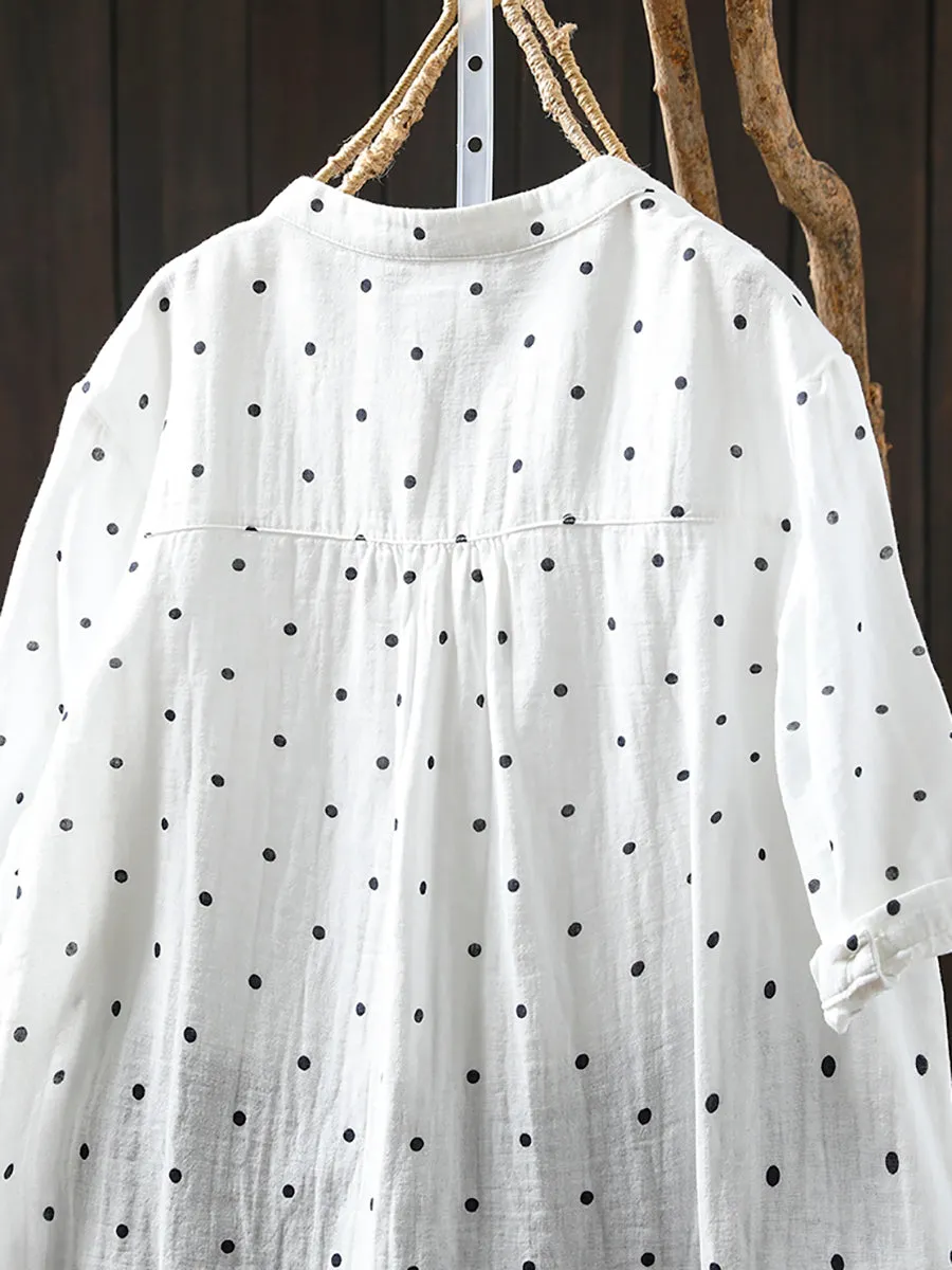 Women Summer Artsy Dot V-Neck 100%Cotton Shirt
