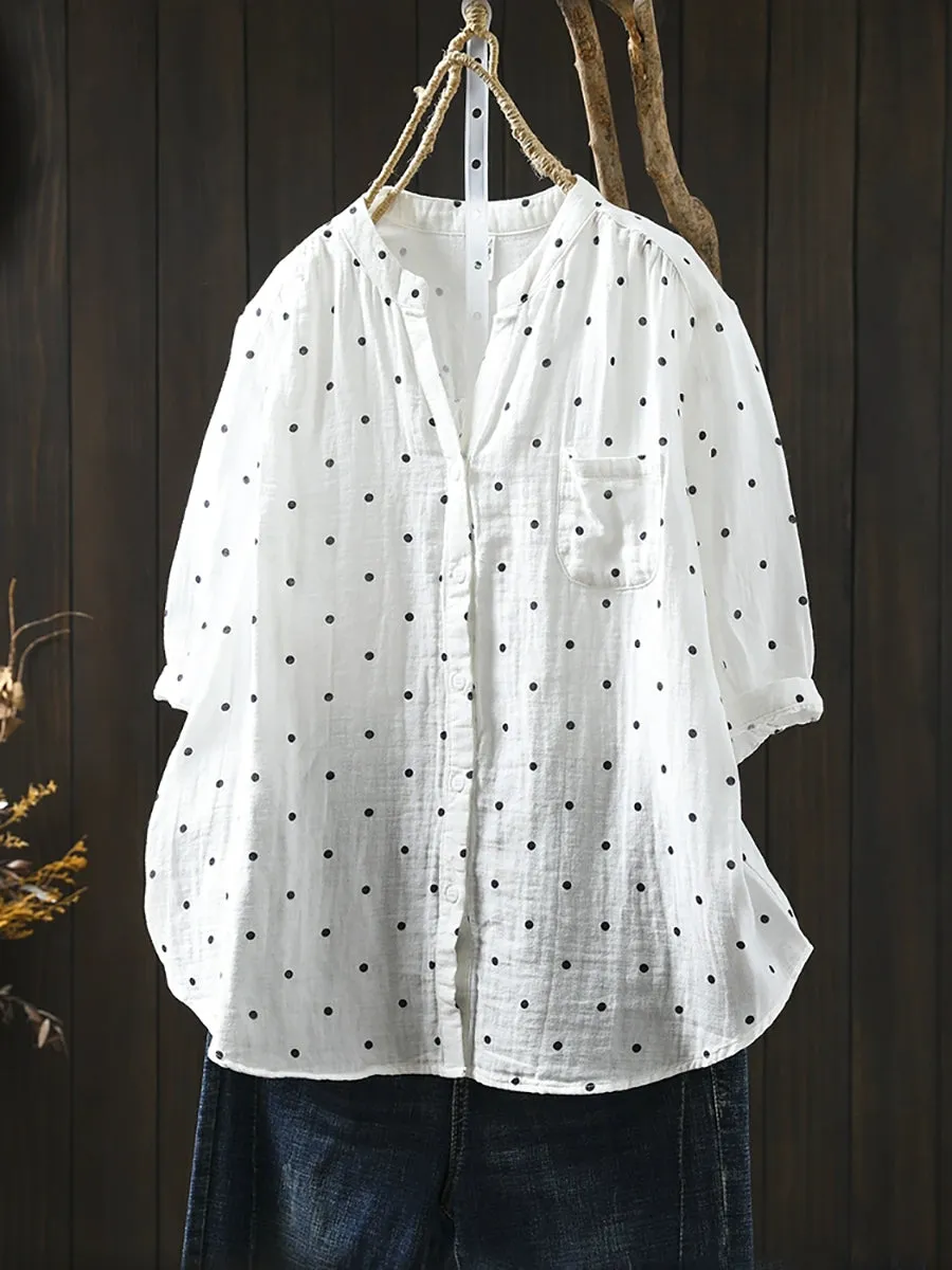 Women Summer Artsy Dot V-Neck 100%Cotton Shirt