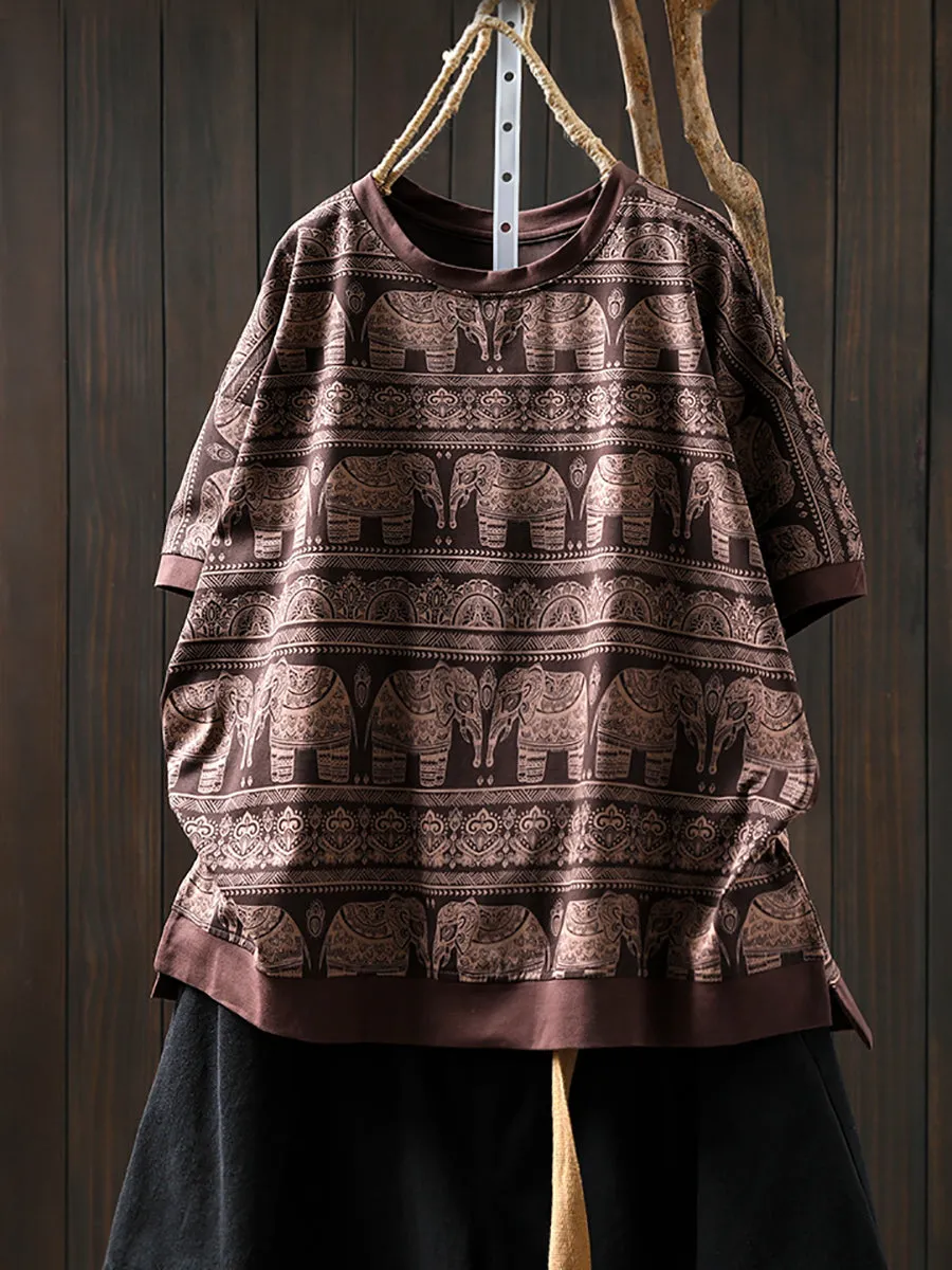 Women Summer Artsy Elephant O-Neck Cotton Shirt