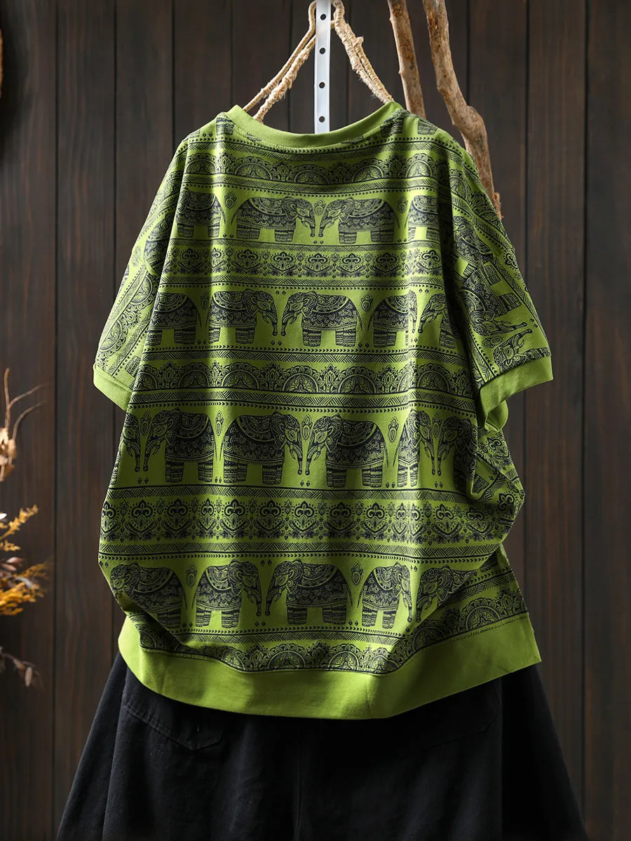 Women Summer Artsy Elephant O-Neck Cotton Shirt