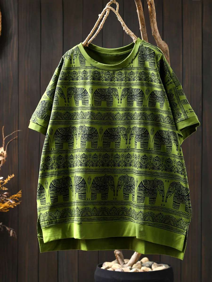 Women Summer Artsy Elephant O-Neck Cotton Shirt