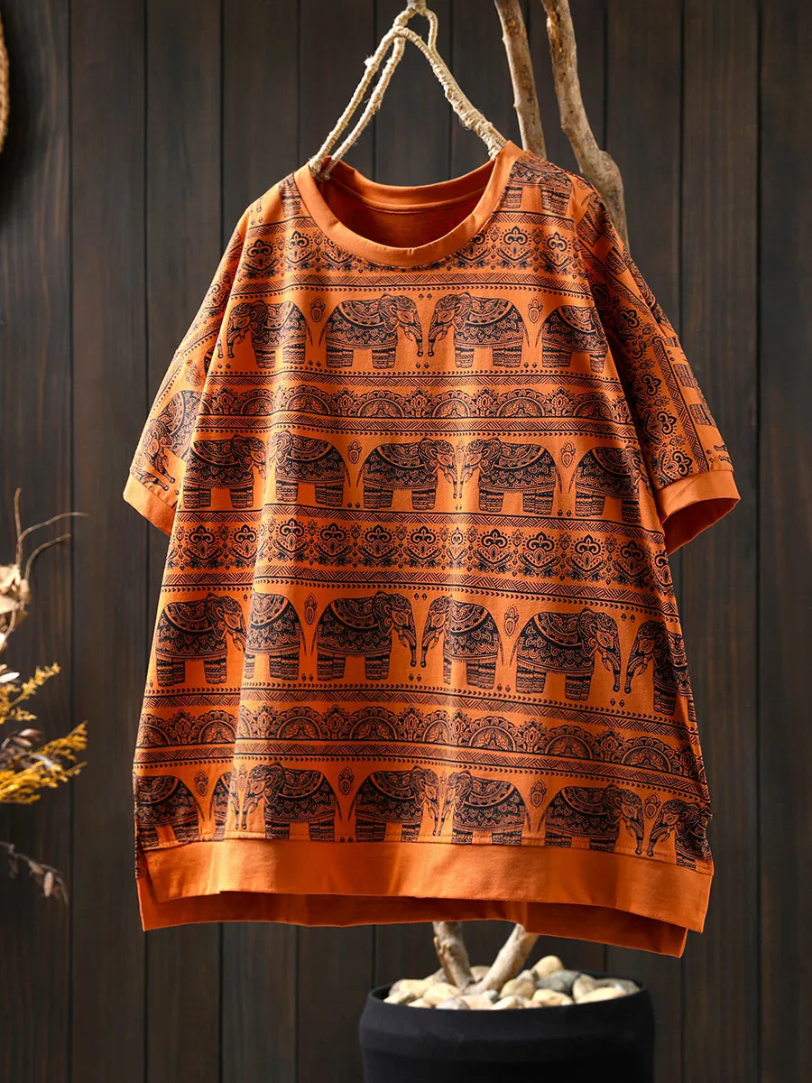 Women Summer Artsy Elephant O-Neck Cotton Shirt