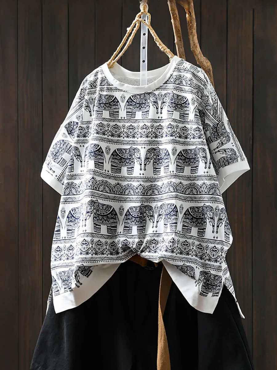 Women Summer Artsy Elephant O-Neck Cotton Shirt