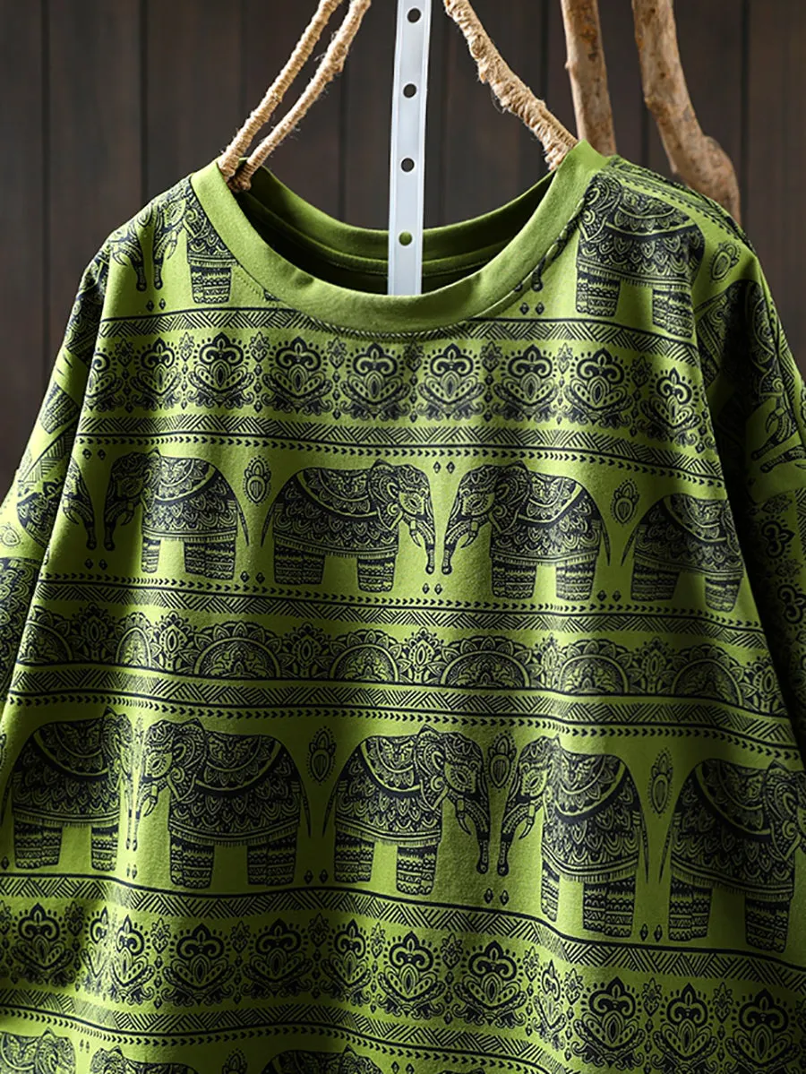 Women Summer Artsy Elephant O-Neck Cotton Shirt