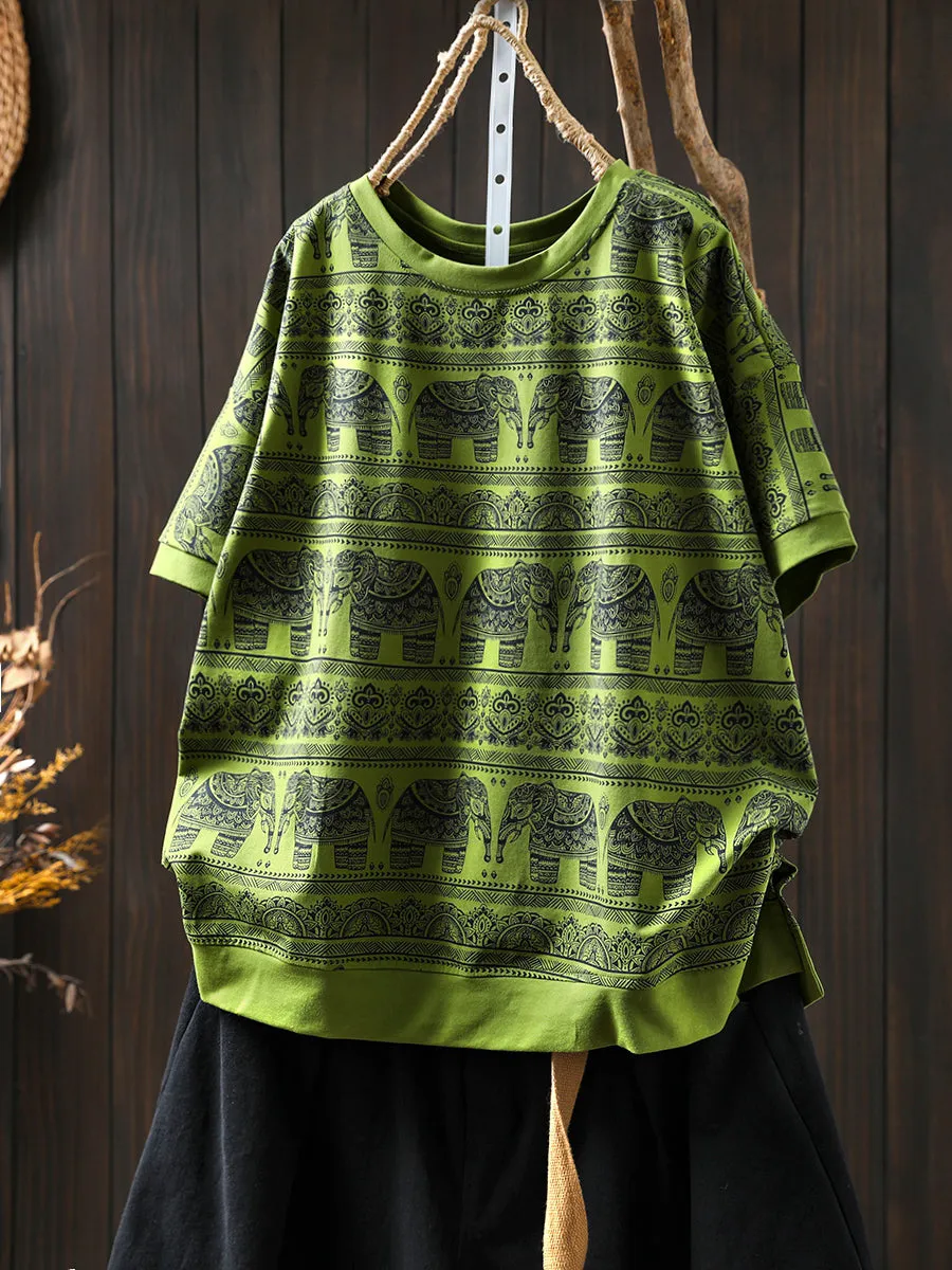 Women Summer Artsy Elephant O-Neck Cotton Shirt