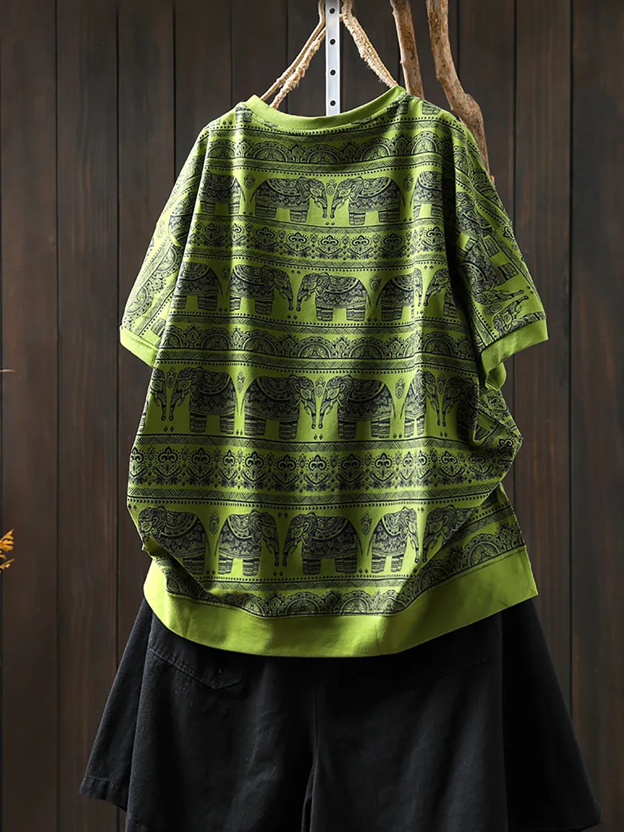 Women Summer Artsy Elephant O-Neck Cotton Shirt
