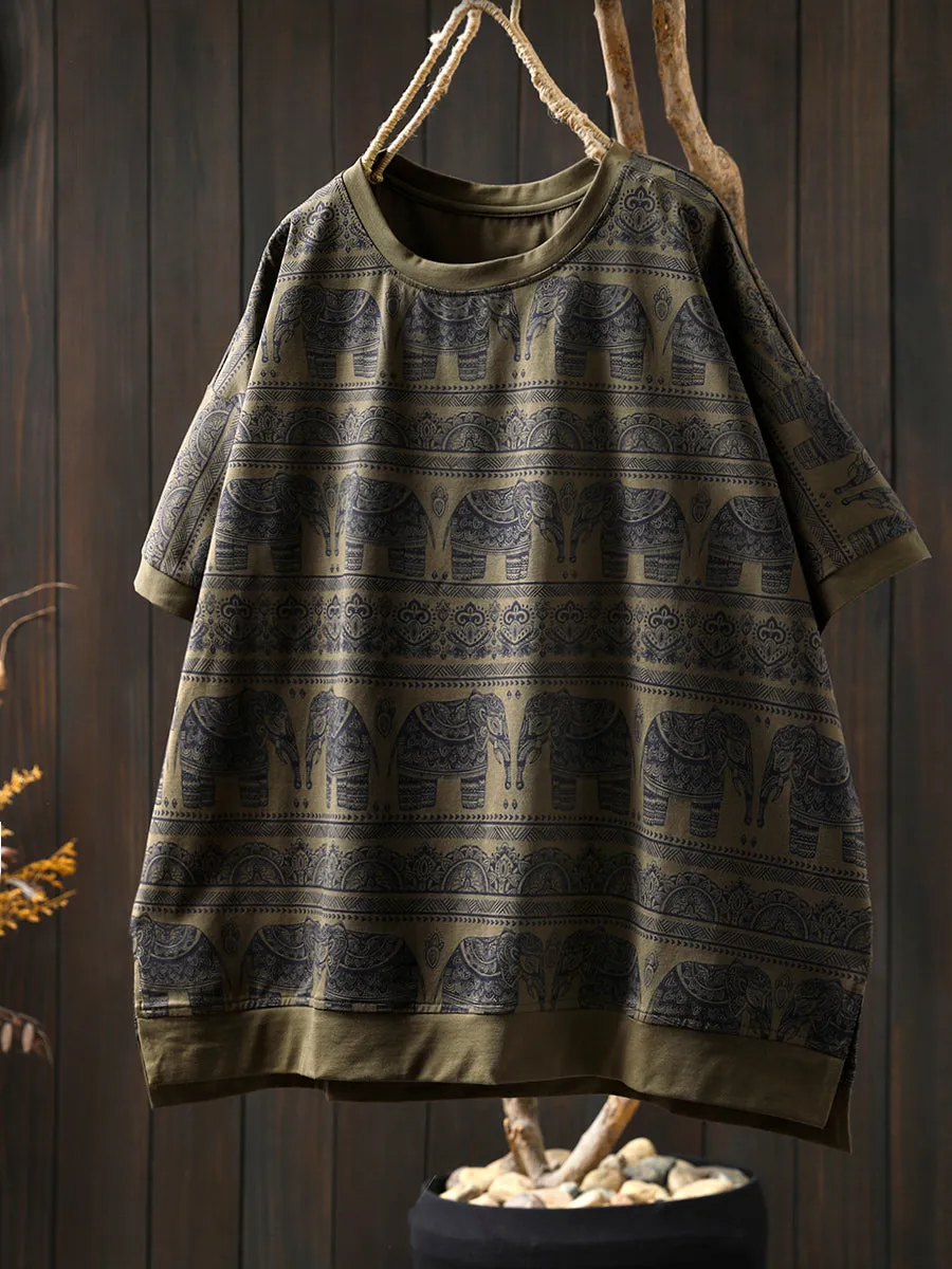 Women Summer Artsy Elephant O-Neck Cotton Shirt