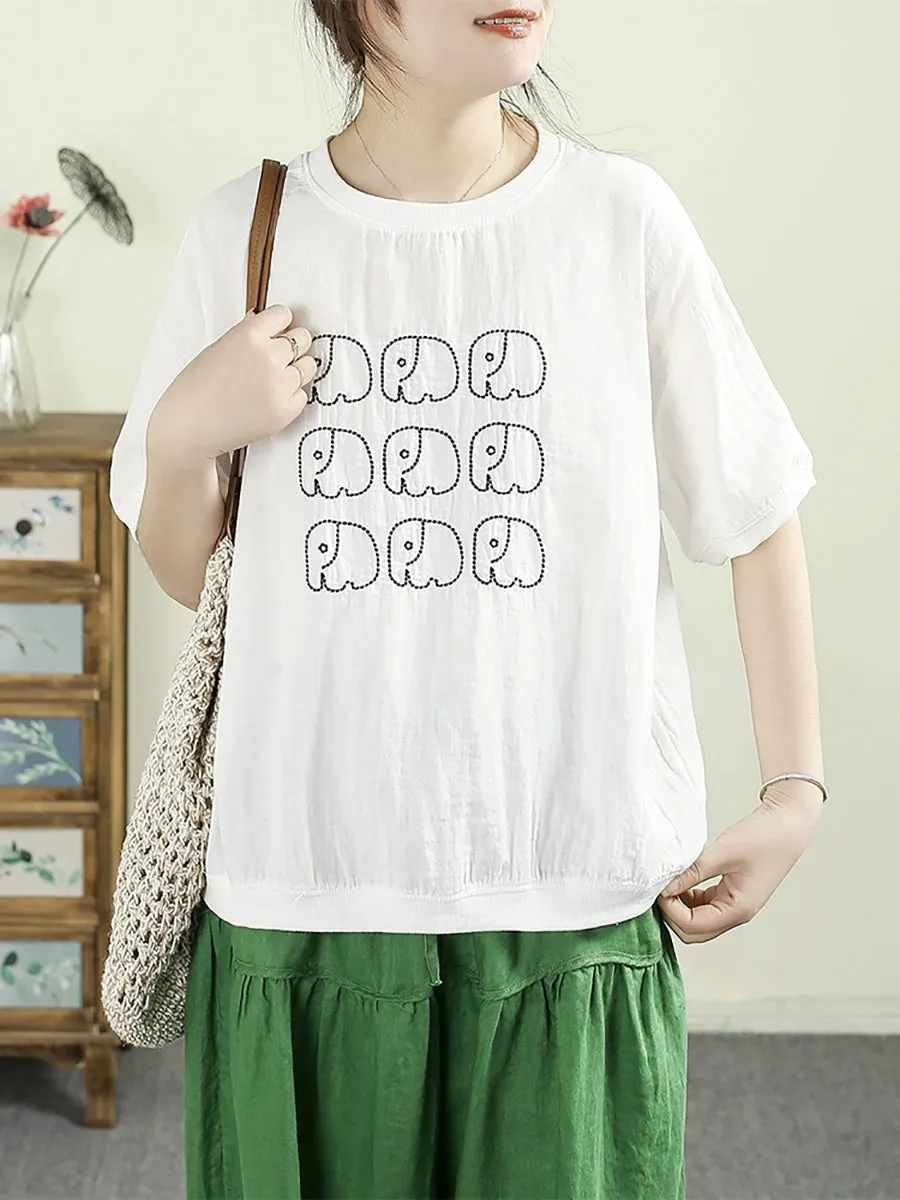 Women Summer Casual Cartoon O-Neck 100%Cotton Shirt