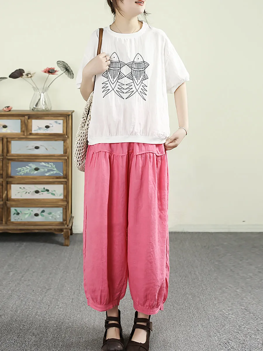 Women Summer Casual Cartoon O-Neck 100%Cotton Shirt
