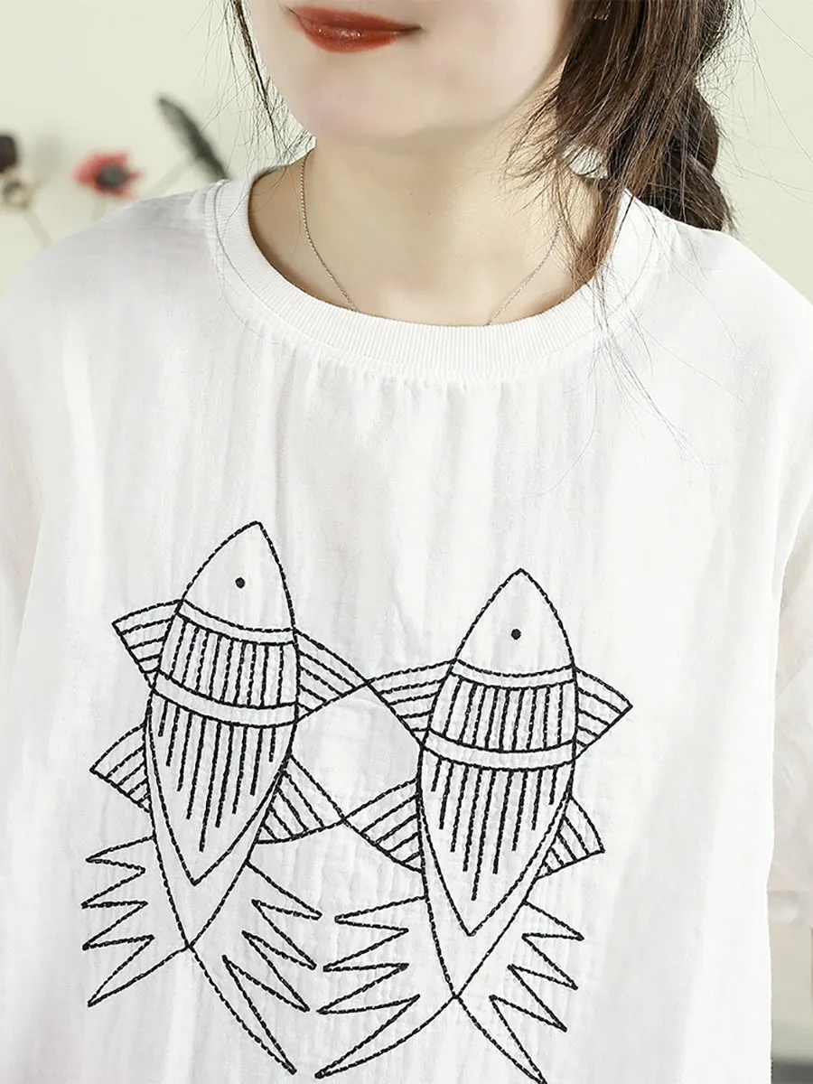 Women Summer Casual Cartoon O-Neck 100%Cotton Shirt