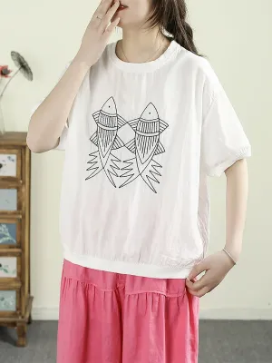Women Summer Casual Cartoon O-Neck 100%Cotton Shirt