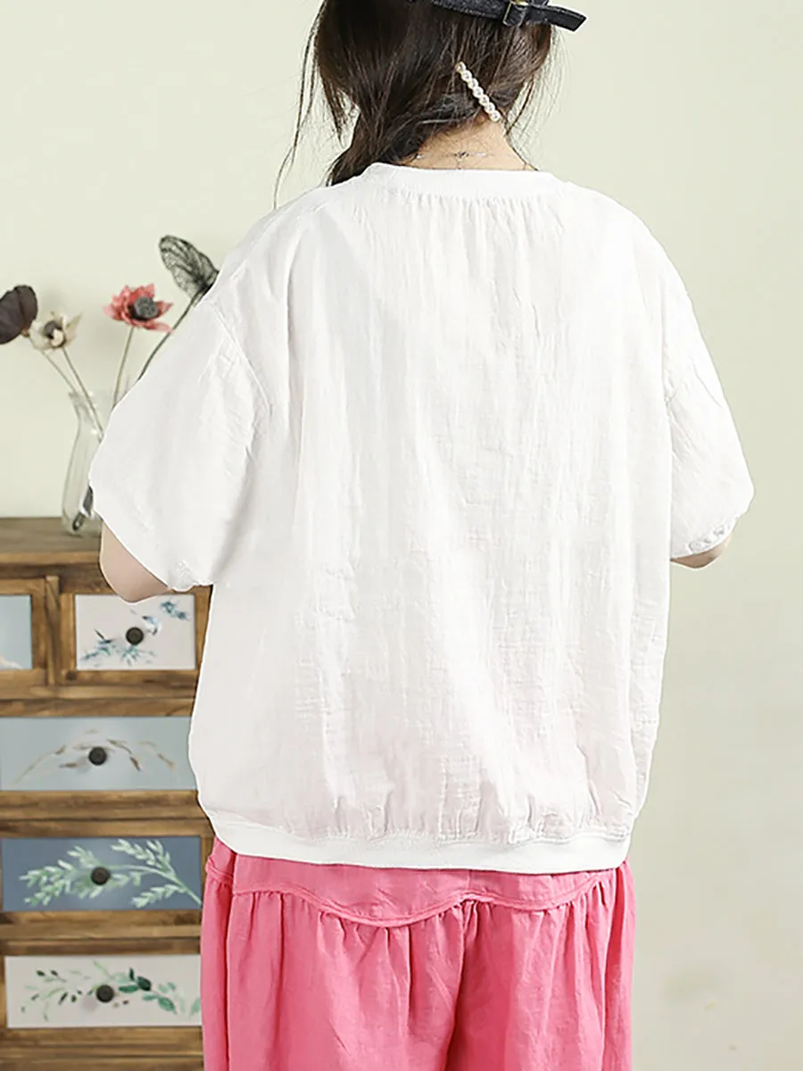 Women Summer Casual Cartoon O-Neck 100%Cotton Shirt