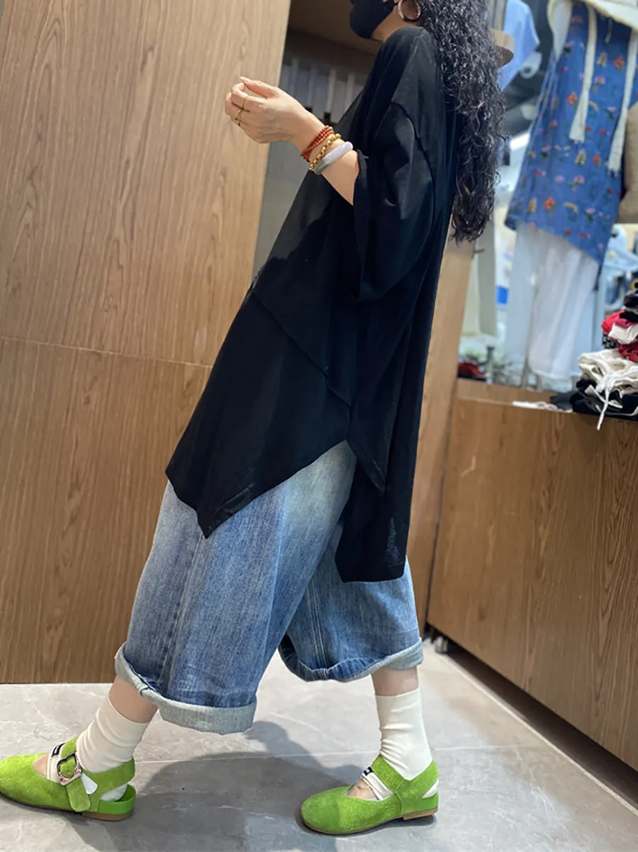 Women Summer Casual Irregular Spliced O-Neck Cotton Shirt