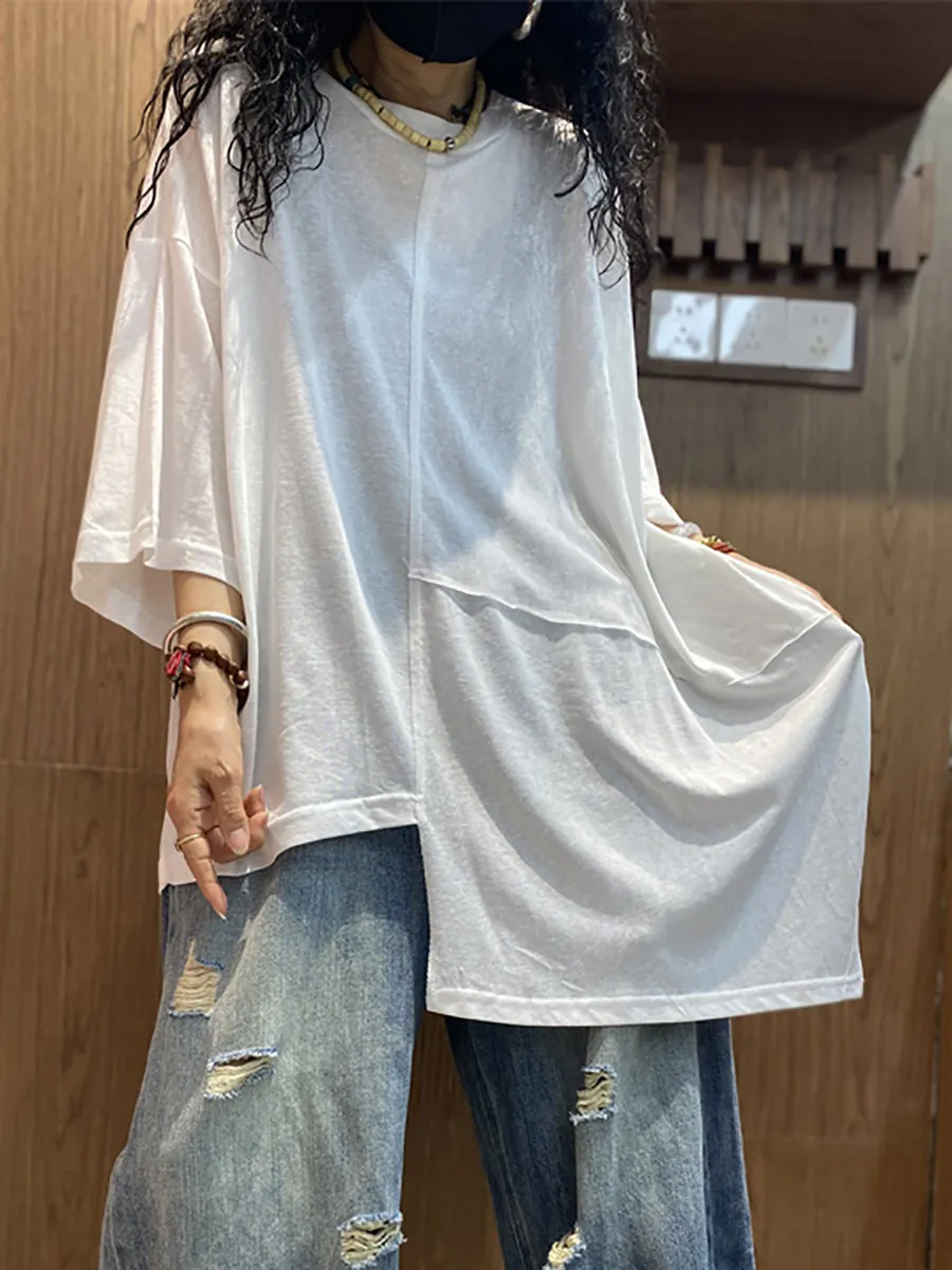Women Summer Casual Irregular Spliced O-Neck Cotton Shirt