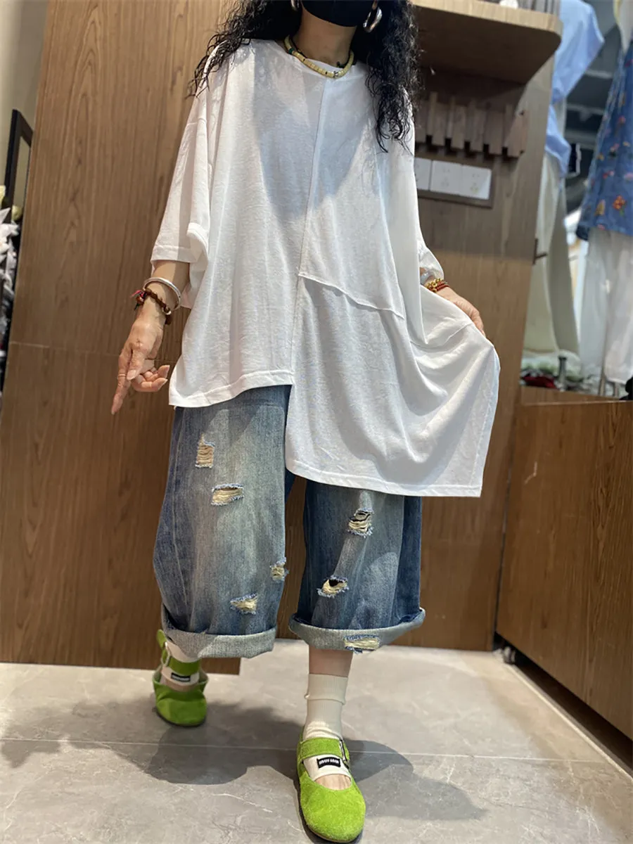 Women Summer Casual Irregular Spliced O-Neck Cotton Shirt