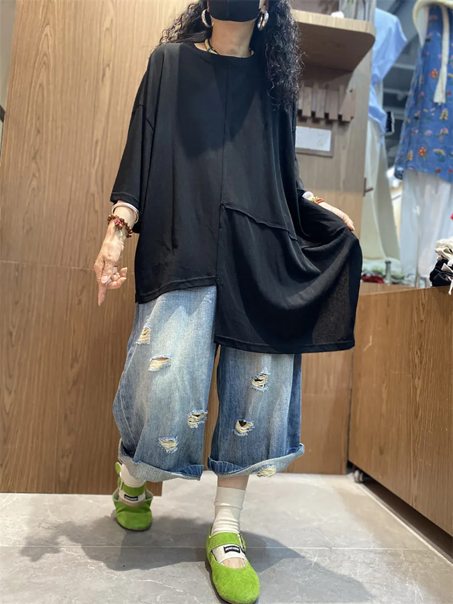 Women Summer Casual Irregular Spliced O-Neck Cotton Shirt