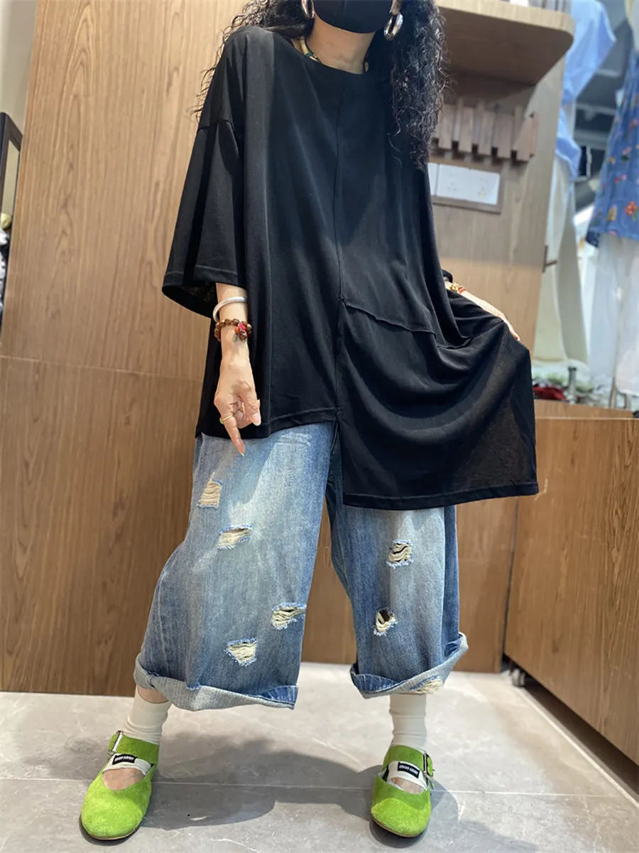 Women Summer Casual Irregular Spliced O-Neck Cotton Shirt