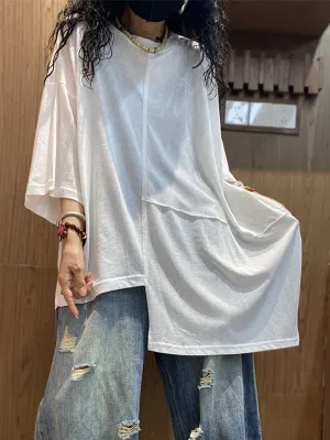 Women Summer Casual Irregular Spliced O-Neck Cotton Shirt