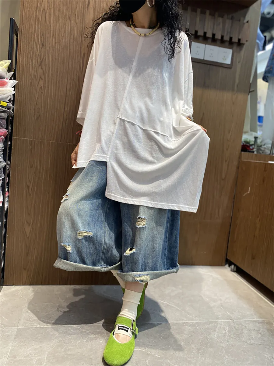 Women Summer Casual Irregular Spliced O-Neck Cotton Shirt