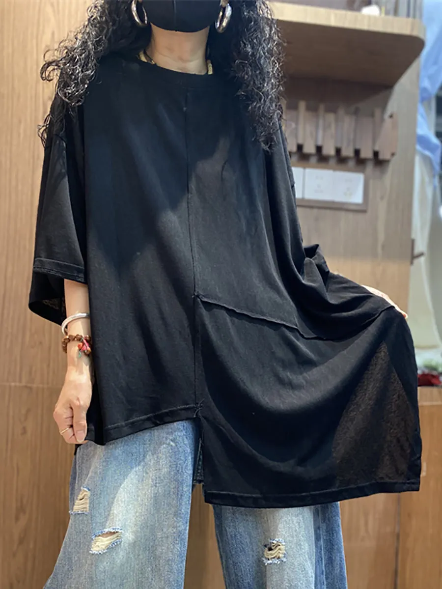 Women Summer Casual Irregular Spliced O-Neck Cotton Shirt